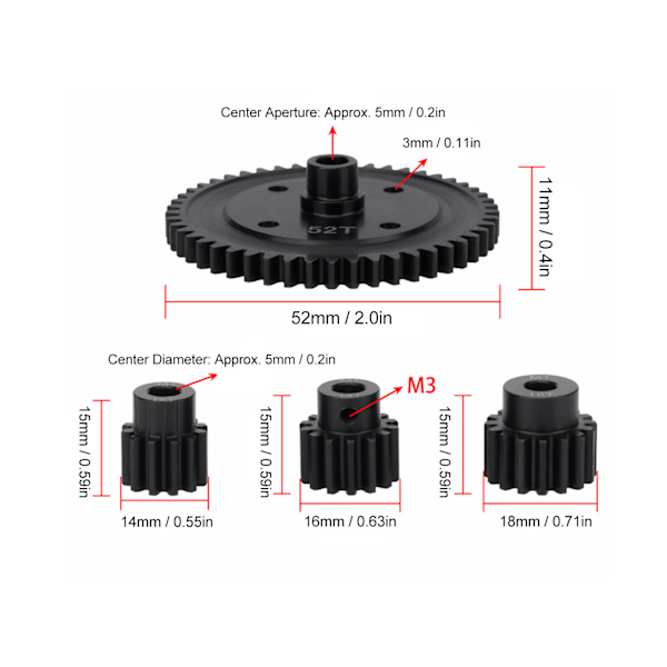 M1 5mm 52T huvudkugghjul med 12T 14T 16T kugghjul för 1/8 1/7 RC fjärrstyrd bil