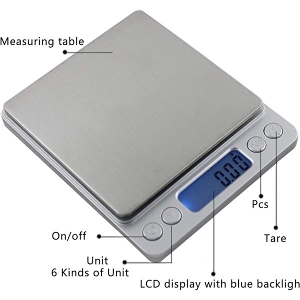 Digital köksvåg USB-laddning, 3kg/0,1g högprecision hushållsvåg, används för bakningsingredienser, smycken, frimärken och kaffe,