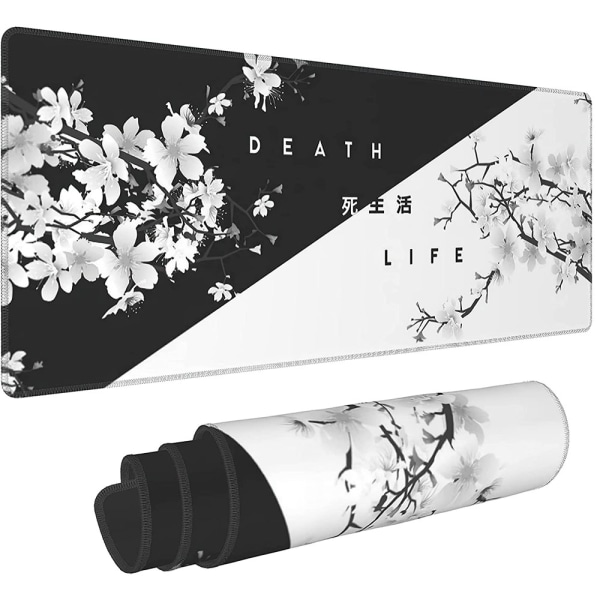 Black White Cherry Blossom musmatta Sakura Death Life Extended Skrivbordsmatta 80X30 cm Halkfri gummibas sydd kant Stor XL Lekmatta för spel