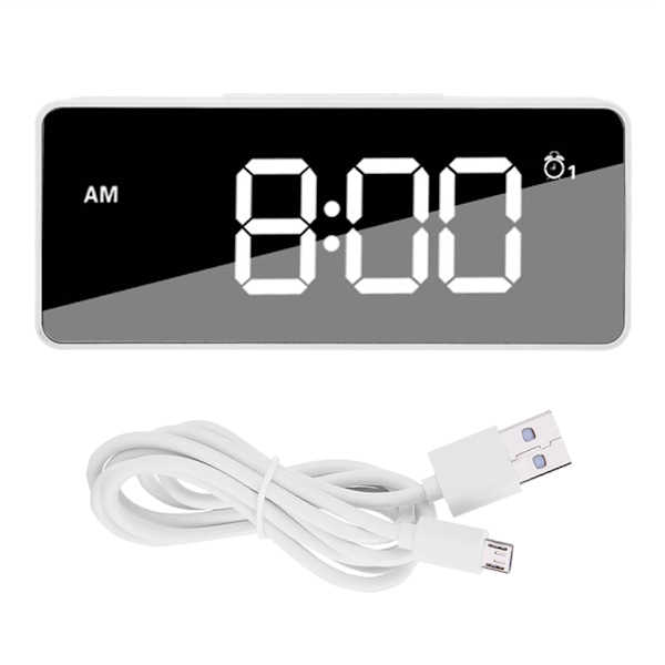 Multifunktionell USB-laddning Digital musik Snooze väckarklocka Bakgrundsbelyst spegeldisplay Vit
