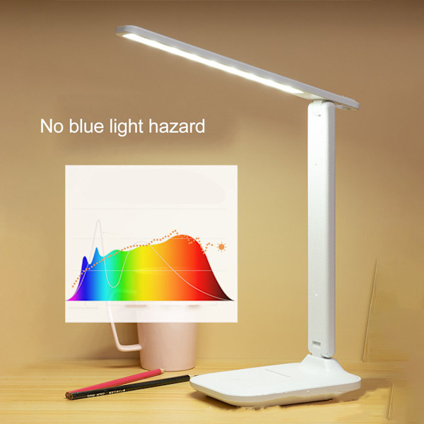 LED-skrivbordslampa, ögonvänlig, vit, USB-laddning, touch-switch, hopfällbar studielampa för hem och studenter