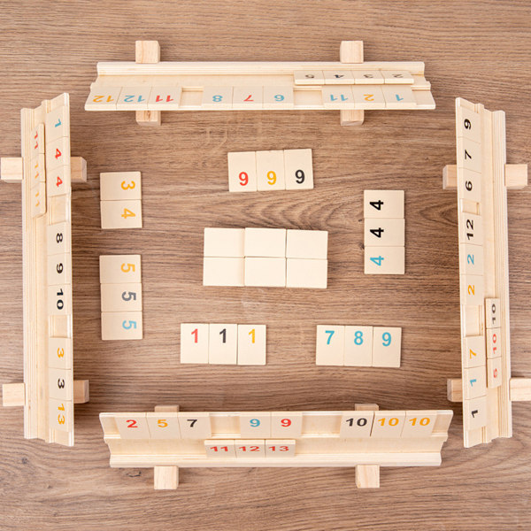Rummikub-spel för 2-4 spelare med 4 träställ/brickor och 106 rummikub-kort i trä, stor och tydlig nummerutgåva, leksaker för familjer