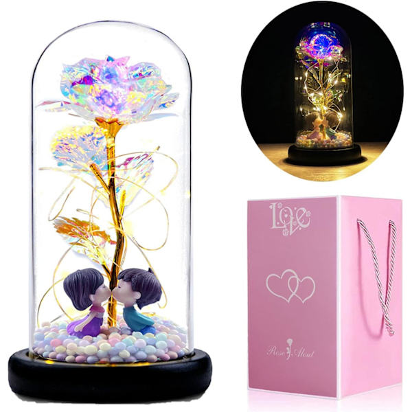 Galaxy Rose Blomma Present Färgglad Konstgjord Blomma Ros med Led Ljussträng Varar För Evigt Ros i En Glaskupa, Födelsedagspresenter för Kvinnor,