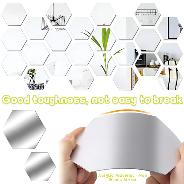 Spegelväggsdekaler, 15 st silver hexagon självhäftande plast spegel 3D akryl spegel väggdekal DIY konst vägg modern dekoration spegeldekal
