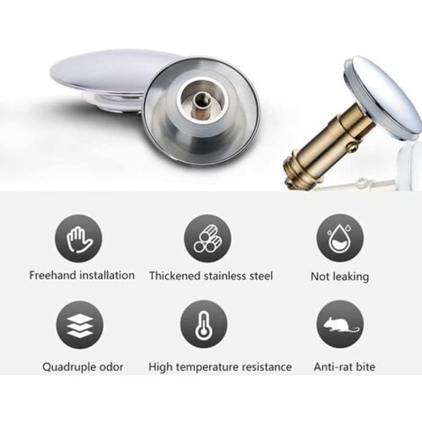 3 st tvättställ avlopp ventil diskbänk propp avlopp propp badkar propp för avlopp diameter 38mm tvättställ och badkar, silver