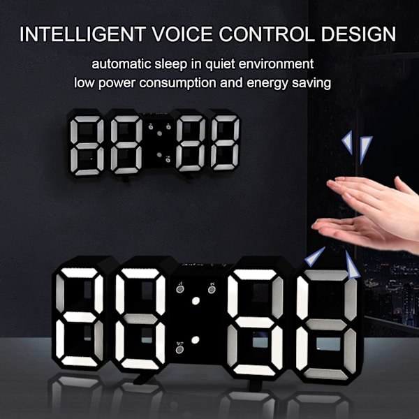 3D LED Digital Klocka Intelligent Röststyrning Tid Datum Temperatur Visning Automatisk Ljusstyrka Justering Klocka Svart Skal Röda Bokstäver