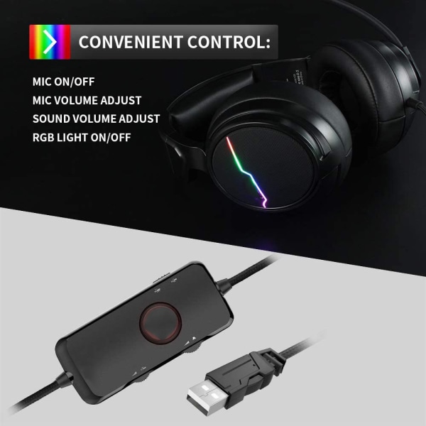 USB Pro Gaming Headset för PC - 7.1 Surround Sound Hörlurar med Brusreducerande Mikrofon - Memory Foam Öronkuddar RGB Ljus för Bärbara Datorer