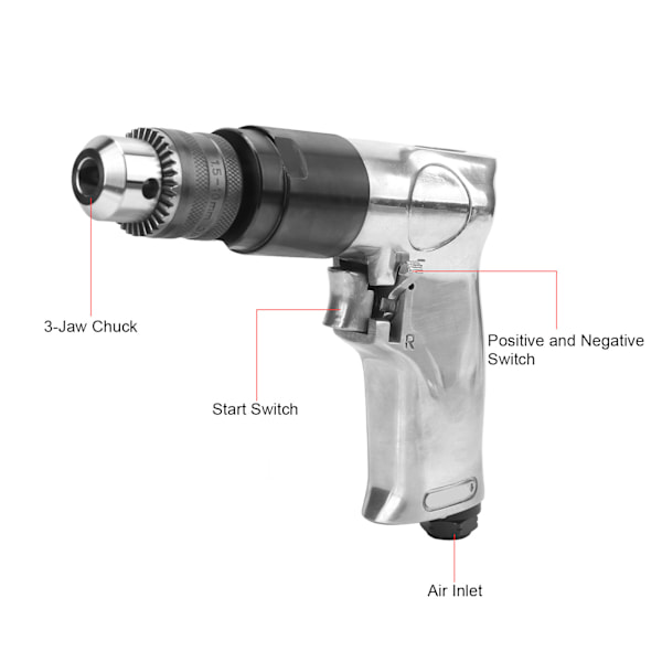 Luftborr 3/8 tum 2000rpm Variabel Hastighet Framåt Bakåt Justerbar Stark Lager Handhållen Pneumatisk Borr (Europeisk stil)