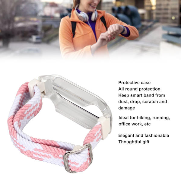 Mjuk nylonflätad klockarmband med stötfångarskydd skärmskyddsaccessoar passar för Mi Band 7 rosa vit och transparent fodral
