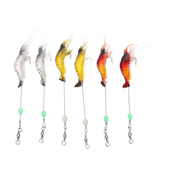 6PCS Luminous Fake Wood Shrimp Soft Silicone Lures Artificial Baits with Bead Swivels Hook