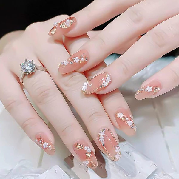 3D Blommiga Nagelkonst Berlocker Set Glitter Vita Blommor Pärla Nagelkonst Gyllene Kaviar Pärlor Nagel Dekoration Akryl Nagelkonst Stud Nagel