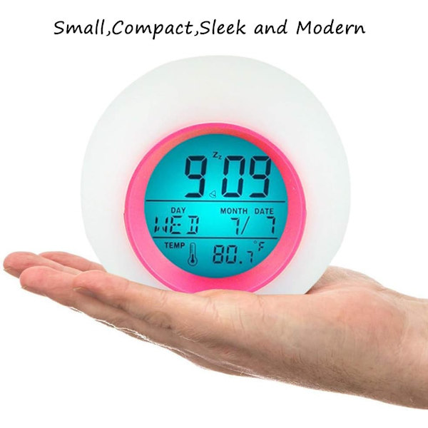 Digital väckarklocka för barn, LED med väckningsljus, snooze-funktion, naturliga larmljud, bakgrundsbelysning, temperatur, display, rosa