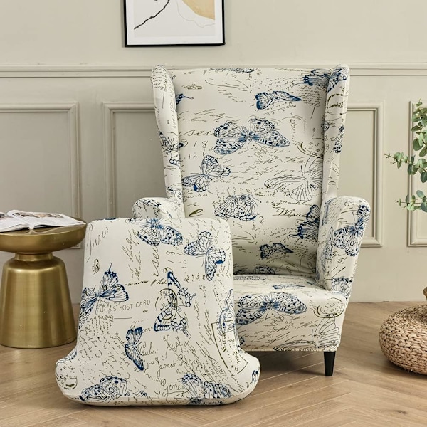 Stretch Wingback fåtöljöverdrag 2 delar fåtöljöverdrag med T-kuddeöverdrag, tryckt halkfri fåtöljöverdrag, för vardagsrum, hotell, sovrum
