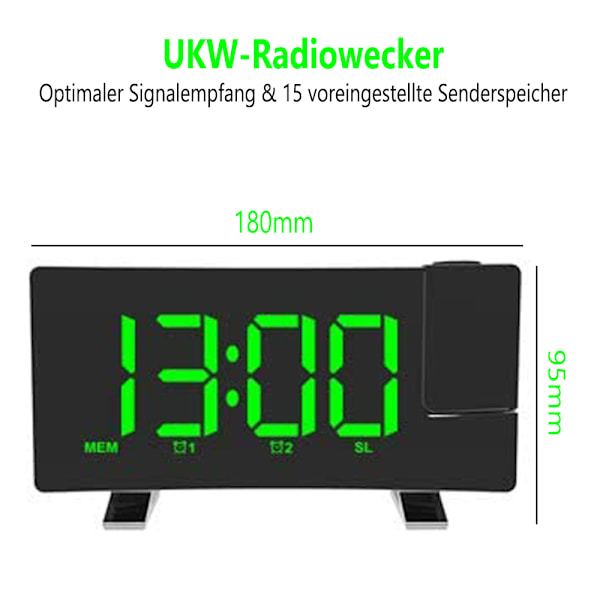 Projektionsväckarklocka, digital väckarklocka med projektion, radioväckarklocka med USB-port, dubbel alarm, 5 alarmtoner med 3 volymer, 0-100%