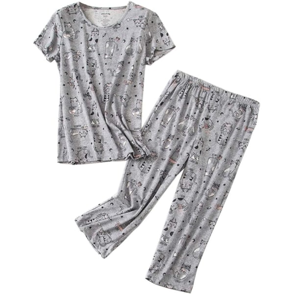 Pyjamasset för kvinnor Bomullsnattkläder Toppar med Capri-byxor Söta Pjs