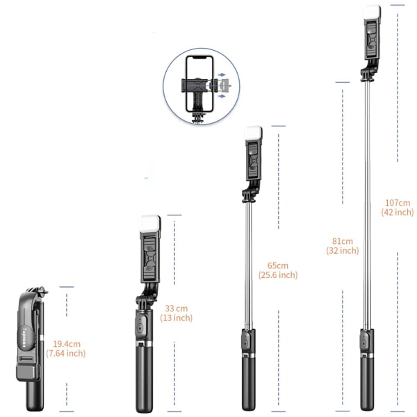 Selfiepinne stativ med ljus, Tupwoon Selfie Rod med fjärrkontroll, Mini Selfiepinne Mobiltelefonstativ Kompatibel iPhone Android Samsung