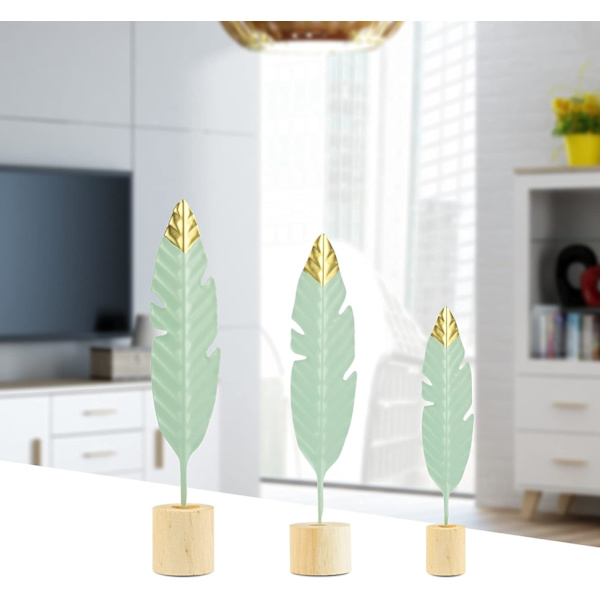 3 st Embossing Iron Mint Green Feather Crafts, Ornament Metal Art Solid Wood Botten Knick-Knack för Hem Sovrum Vardagsrumsdekorationer