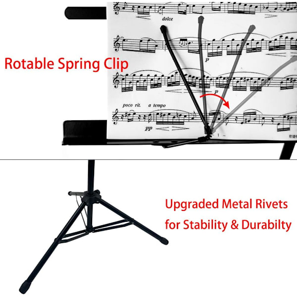Notställ för musik, robust bärbar hopfällbar metallstativ med bärväska, justerbar höjd, lätt och kompakt för förvaring och resor