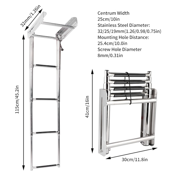 4-stegs Däcktrappa Fällbar Teleskopisk Båttrappa Pedal 304 Rostfritt Stål Med Hållrep