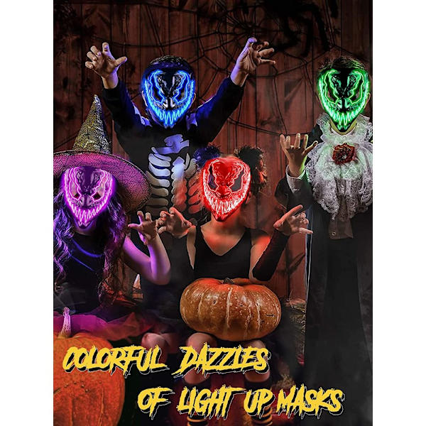 Venobat LED Halloween-mask, skrämmande ljusmask för män kvinnor barn vuxna med 3 ljuslägen, lysande neonmask, mörka och onda lysande ögon, cosplay