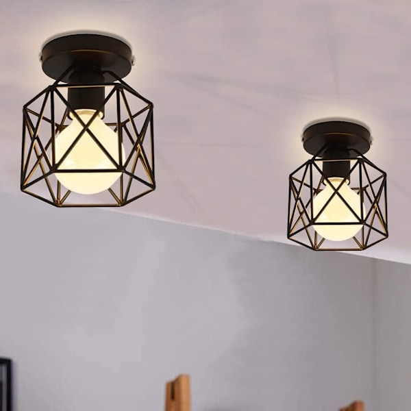 Set med 2 industriella taklampor i fyrkantig metallbur, 15 cm ljuskrona i järnskugga E27 40 W svart för vardagsrum sovrum bar (hexagon)