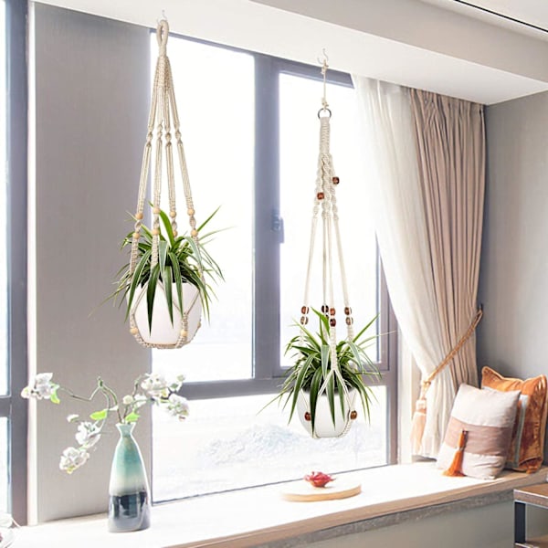 Set med 2 Macrame Hängande Korg Bomullsrep Hängande Korg Blomkruka Växthållare Hängare för Inomhus Utomhus Tak
