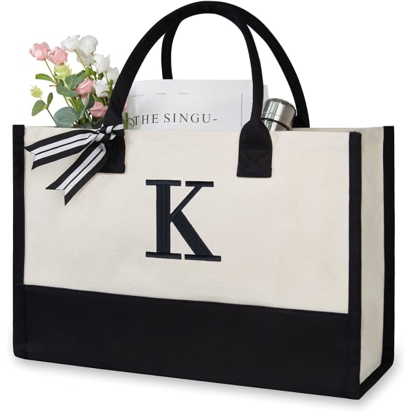 Personlig Canvas Strandväska med Initialer, Monogram Present Tote Bag för Kvinnor, Bokstav K