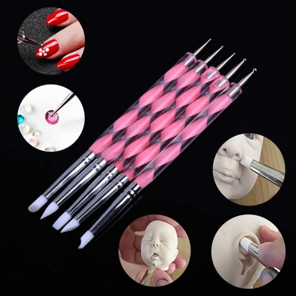 5 st Nail Art Dotting Verktyg Nagel Silikon Borste Dubbel Huvud UV Gel Dotting Ritning Målnings Penna Lera Skulptur Ritverktyg (Rosa & Klar)