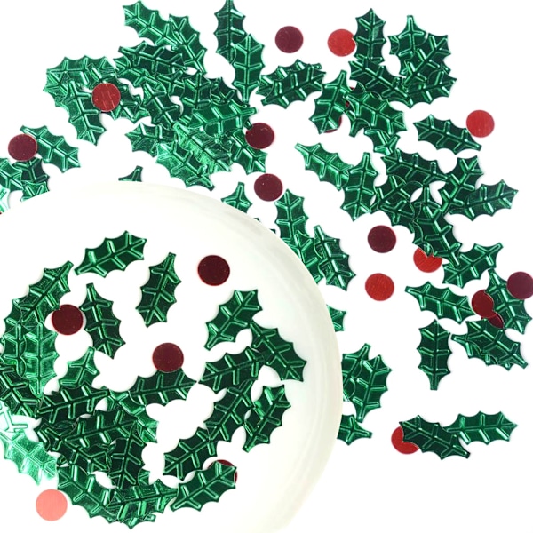 16mm Holly+6mm Röda Runda Paljetter Julbordsdekoration DIY Tillbehör