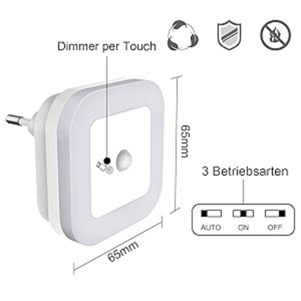 Dimbar LED-nattlampa med rörelsesensor Set om 2 nattlampor Sockets Kontinuerligt justerbar ljusstyrka 3 lägen (Auto/På/Av) Orienteringsljus