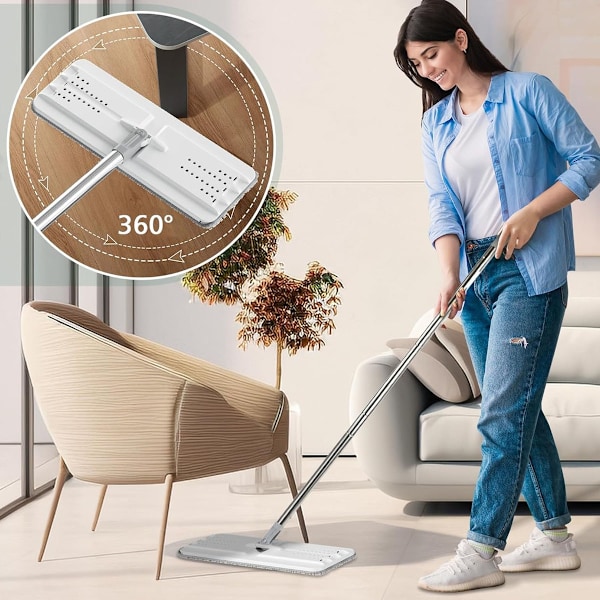 Mop och hink med urvridningsset, handsfree platt golvmopp och hink, 3 tvättbara mikrofiberdynor ingår, våt och torr användning, rengöring av golv i hemmet