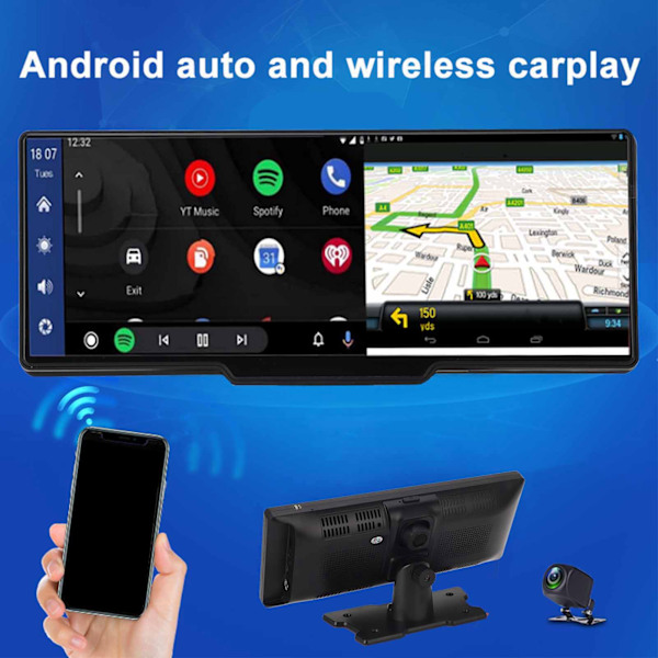 Bärbar Bilstereo 10 tum IPS Pekskärm för Android Auto Trådlös Carplay 2K 1080P Inspelning Instrumentbräda