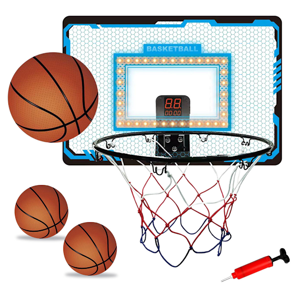 Hot Bee Inomhus Basketkorg för Sovrum, Mini Basketkorg för Barn och 3 Bollar Led-lampor Automatisk Poängräkning, Basketboll för Pojkar