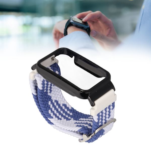 Stretch Nylon Flätad Klockarmband med Skyddande Bumper Case Tillbehör Passar för Mi Band 7 Pro Blå Vit och Svart Fodral