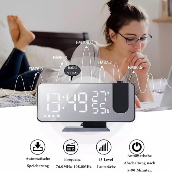 Projektionsväckarklocka, digital väckarklocka med projektion, radioväckarklocka med USB-anslutning, stor LED-display, snooze-funktion, dubbla larm, projektion