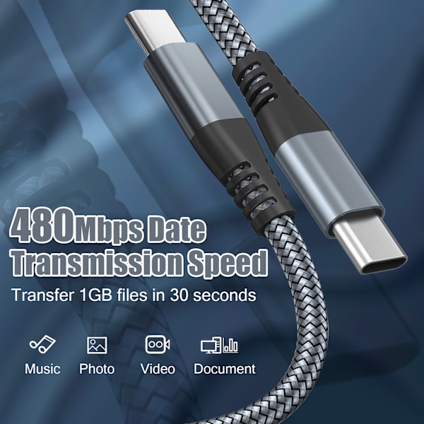 INF 60W USB-C Laddkabel 3m Grå - Snabbladdning för iPhone och Android