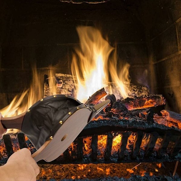 Rustik Inredning, Värmebeständig Läder Trä Luftblåsare för Utomhuscamping BBQ Grill, Inflyttningspresent Eldstadsbälg med Hängrem, Gjutjärn