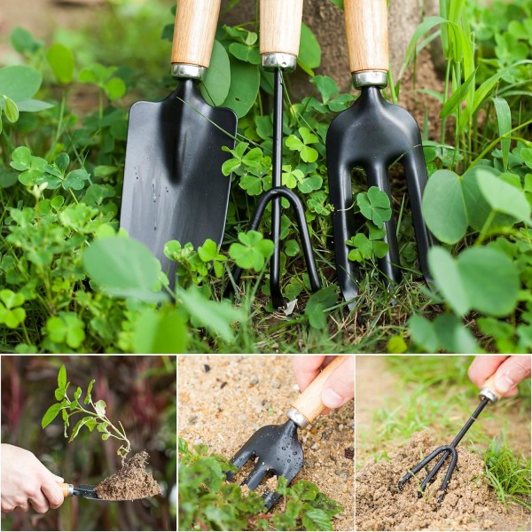 Mini trädgårdsredskap set, trädgårdsredskap kit med 3 delar trähandtag och svart metallgaffel, murslev, kultivator