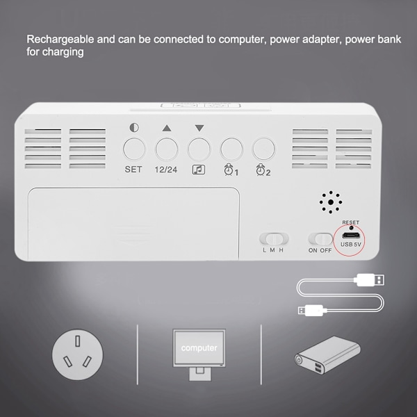 Multifunktionell USB-laddning Digital musik Snooze väckarklocka Bakgrundsbelyst spegeldisplay Vit