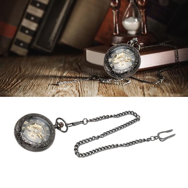 Mekanisk fickur Vintage Dubbelfodral Fickur Handvind Skelett Fickur med Kedja