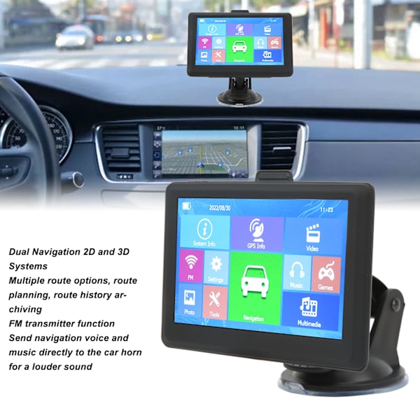 5-tums GPS-navigator med kapacitiv skärm, röstmeddelanden, FM-sändare, universell för bilar