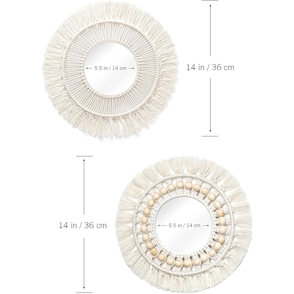 2-pack Macrame väggmonterad spegel med vävd frans Boho rund dekorativ spegel för lägenhet sovrum vardagsrum heminredning vit 2