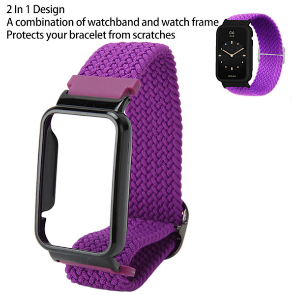 Flätat öglespänne för Mi Band 7 Pro Justerbart elastiskt nylonöglearmband med skyddande ram Lila band Svart fodral