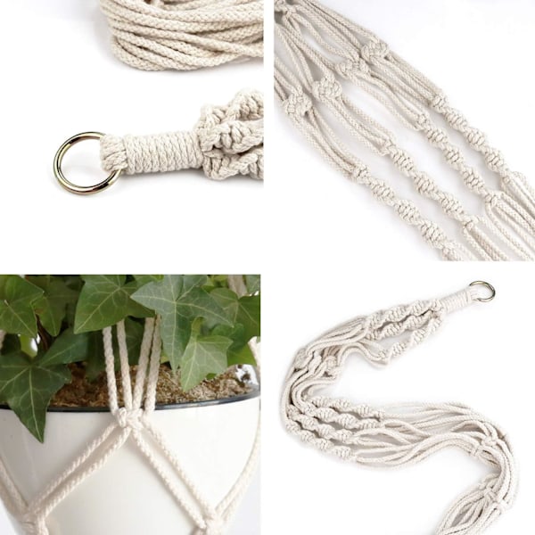 Makramé Växthängare, Stilren Unik Design, Boho Heminredningsdetalj för Inomhus Utomhus Hängande Korg, Set med 3 Tofs Fria Bomullsrepshängare