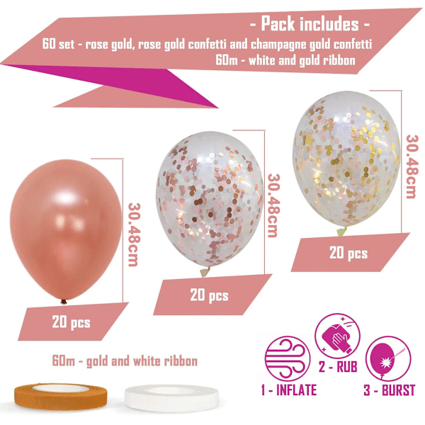 60 PACK Roséguld Ballonger + Konfettiballonger Med Band Roséguld Ballonger För Fester Bröllop