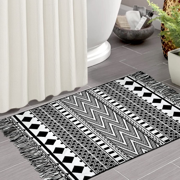 Badrumsmatta med tofs, 2'x3', 100 % vävd svart geometrisk matta Helt vändbar, bomull Maskintvättbar Boho utomhusmatta för kök i sovrummet