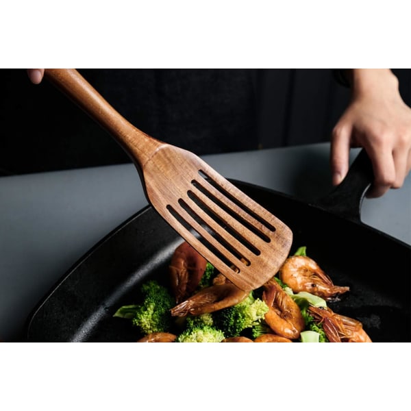 Träslev med slits för matlagning, naturligt teaklångt handtag, träslev med slits, handgjord för non-stick köksredskap