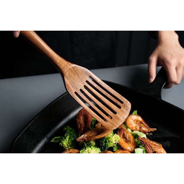 Träslev med slits för matlagning, naturligt teakskaft, träslev med slits, handgjord för köksredskap med non-stick-beläggning