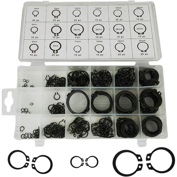 Snap Circlip Assortment Set, 300 PCS 18 Storlekar Circlip Snap Clip Snap Ring Circlip Assortment Extern Circlip Ring Kit med Svart Box (3mm-22mm)