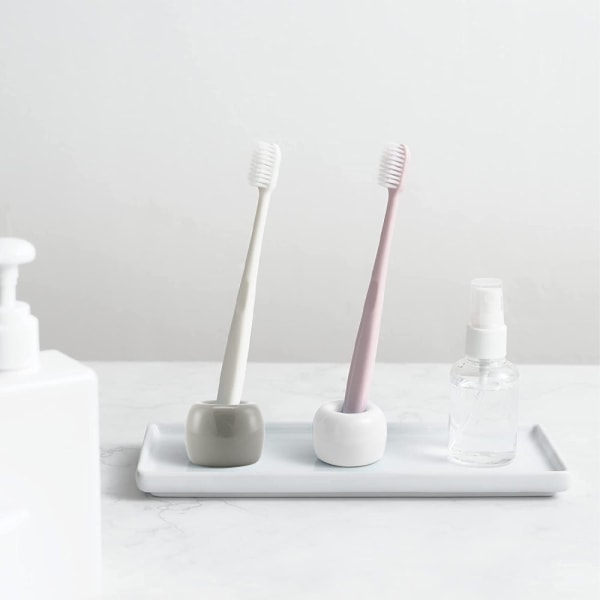 Mini-keramisk tandborsthållare för par, handgjord tandborsthållare för badrum, hållare för tandborsthuvud och pennhållare för kontor White+grey